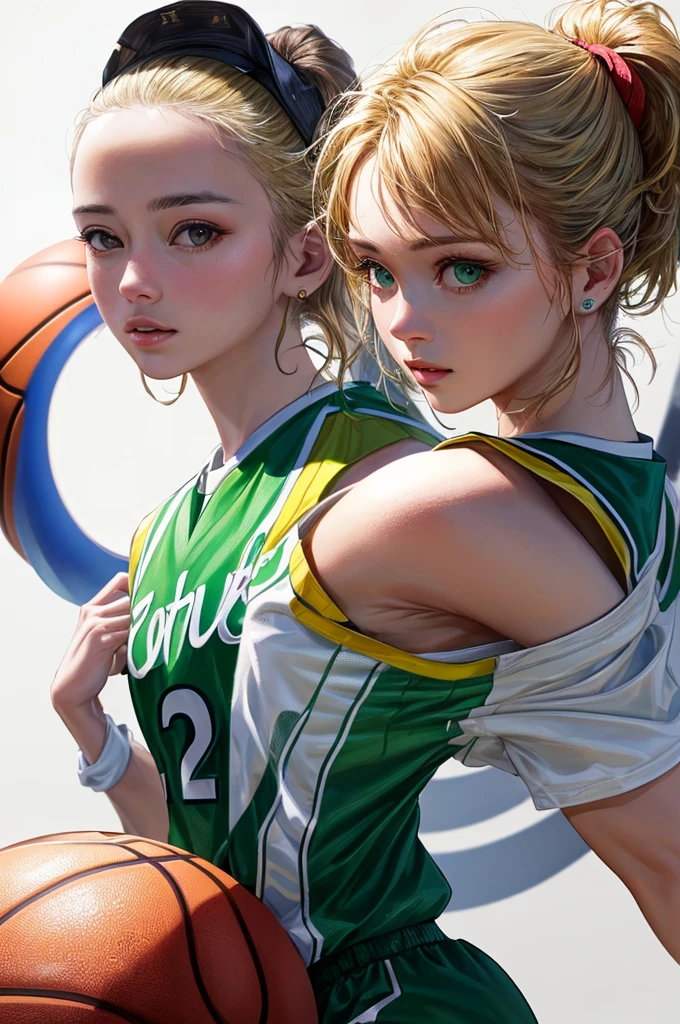 (((Highest quality、8k、32K、masterpiece)))、(Realistic)、(Realistic:1.2)、(High resolution)、Very detailed、Very beautiful face and eyes、1 person、Round and small face、Tight waist、Delicate body、(close、Highest quality、Attention to detail、Rich skin detail)、(Highest quality、8k、Oil paints:1.2)、Very detailed、(Realistic、Realistic:1.37)、Bright colors、(((Blonde)))、(((Cowboy Shot)))、(((short hair)))、(((Short ponytail hair)))、(((Pure white wall background)))、(((Wearing a basketball uniform)))、(((green basketball outfit)))、(((It looks like she's about to cry)))、(((1 female)))、(((Tank top style uniform)))、((Nioh is standing、Arms crossed in front of the chest)))