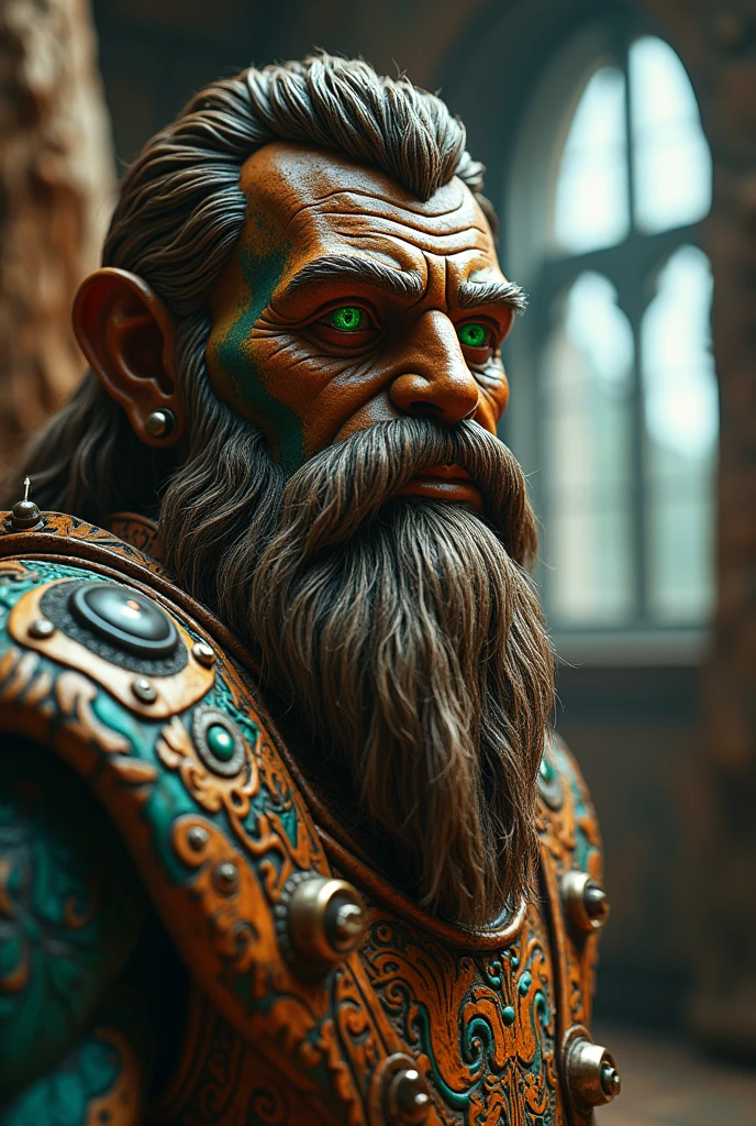Bearded mountain man Intricate details insanely artwork Wooden painted man, 3D effect ultra-detailed intricate insanely Heart, museum room, green glass eyes, Carved in wood, painted with bright colors., indie film screencap, dramatic angle, , found footage, (steampunk), (cyberpunk aesthetic), (retrofuturism, atompunk), heroic proportions, window behind,