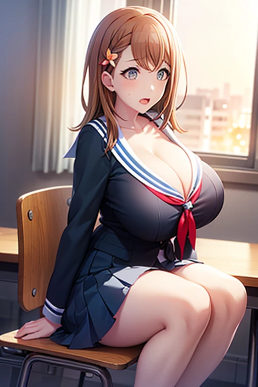 Hanasato minori is looking at the viewer while sitting with her legs spread wide open: 1.6), 1 girl, hanasato minori, (super big tits and giant cleavage: 1.7), (black eyeliner: 1.3), (peach lip gloss: 1.4), (white sailor blouse: 1.4), (red tie: 1.4), (blue pleated skirt: 1.4), (black loafer: 1.4), (embarassed face: 1.5), (moaning with open mouth: 1.4), inside a classroom, sunset, near a windows with school courtyard landscape