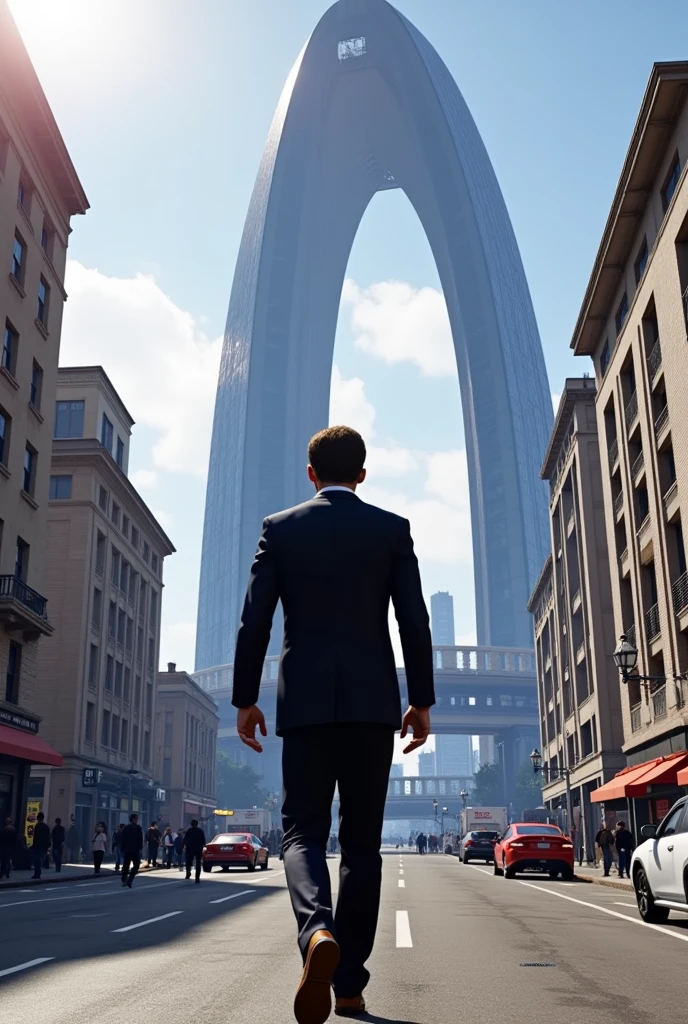Emmanuel Macron walking in front of the Eclipse Tower from the GTA V video game, with a third view from behind at height, in the video game genre.