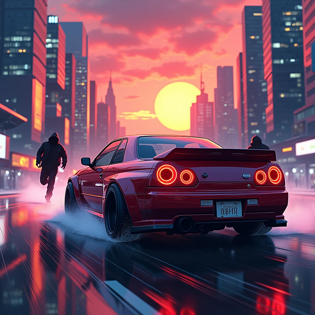 an anime style Nissan Skyline car, chased by some dark terrifying silhouettes, running towards a city with a sunset and neon lights