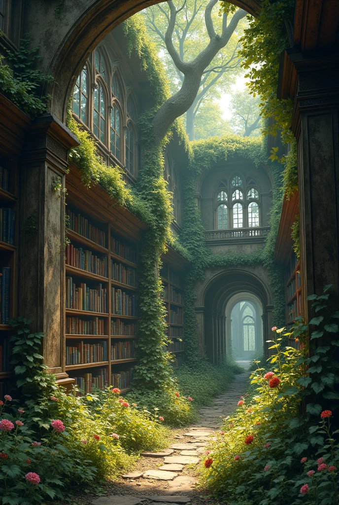 An old abandoned library in which trees and flowers have grown
