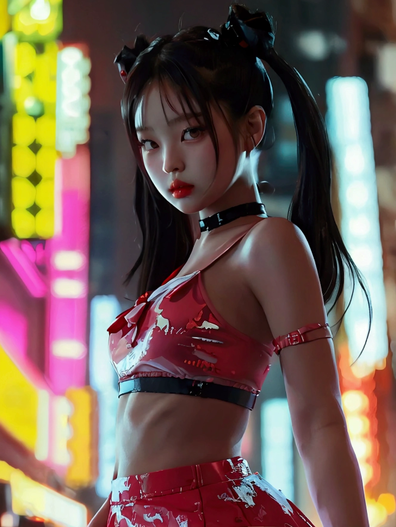 jennie kim, young-adult body, max quality, jirai kei attire, detailed face, cute pigtails hairstyle, black hair, confident pose, realista, chubby thigs, wide hips, cybercity in background, skirt, high heels