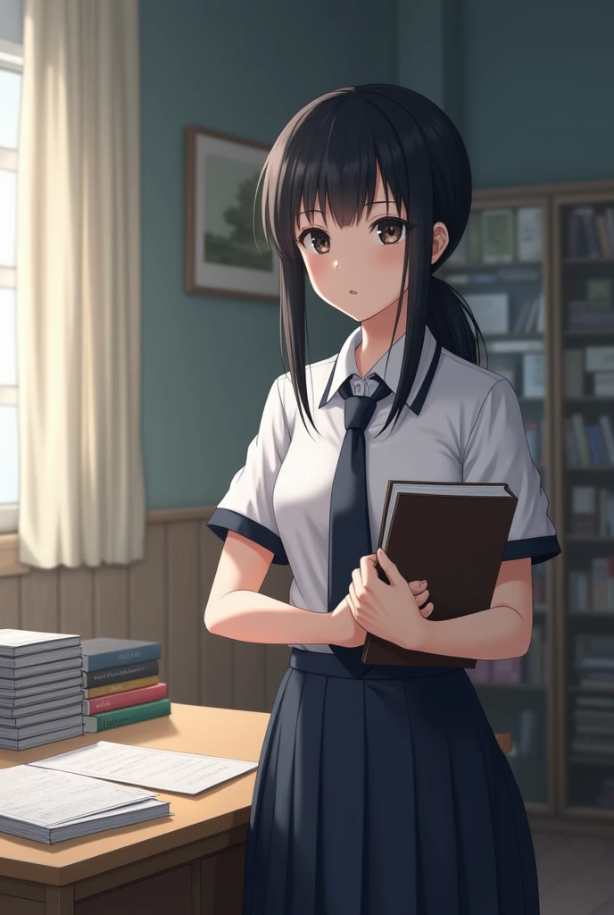 A young girl dressed in a school uniform, consisting of a white short-sleeved blouse with dark edges and a dark blue or black tie. She appears to be in a school or office setting, standing next to a desk that has several books and papers on it. The young woman holds a notebook or folder in her hands and seems to be focused on what she is doing.. Her dark hair is pulled back. The scene has a calm tone, with soft lighting.