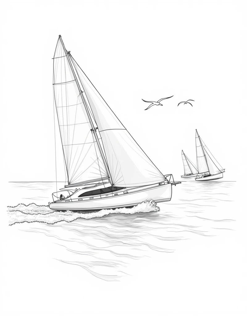 A detailed line drawing of a sleek regatta sailboat in motion. The boat cuts through the ocean, with its sails fully extended and catching the wind. The scene is dynamic, showing the speed of the boat as it races across the water. The water is depicted with sharp, flowing lines, with splashes and waves indicated by minimalist strokes. Other boats can be seen in the background, their sails angled in competition. Above, a few seagulls are outlined against the sky. The overall style is clean and sharp, composed entirely of black lines on a white background, with no additional colors.