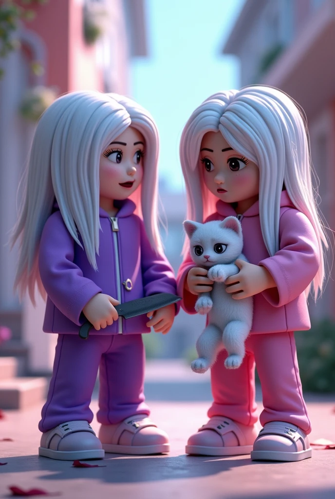 Two Roblox Brookhaven girls, with white hair, one with purple clothes and one with pink clothes, white hair, holding a cat and a knife
