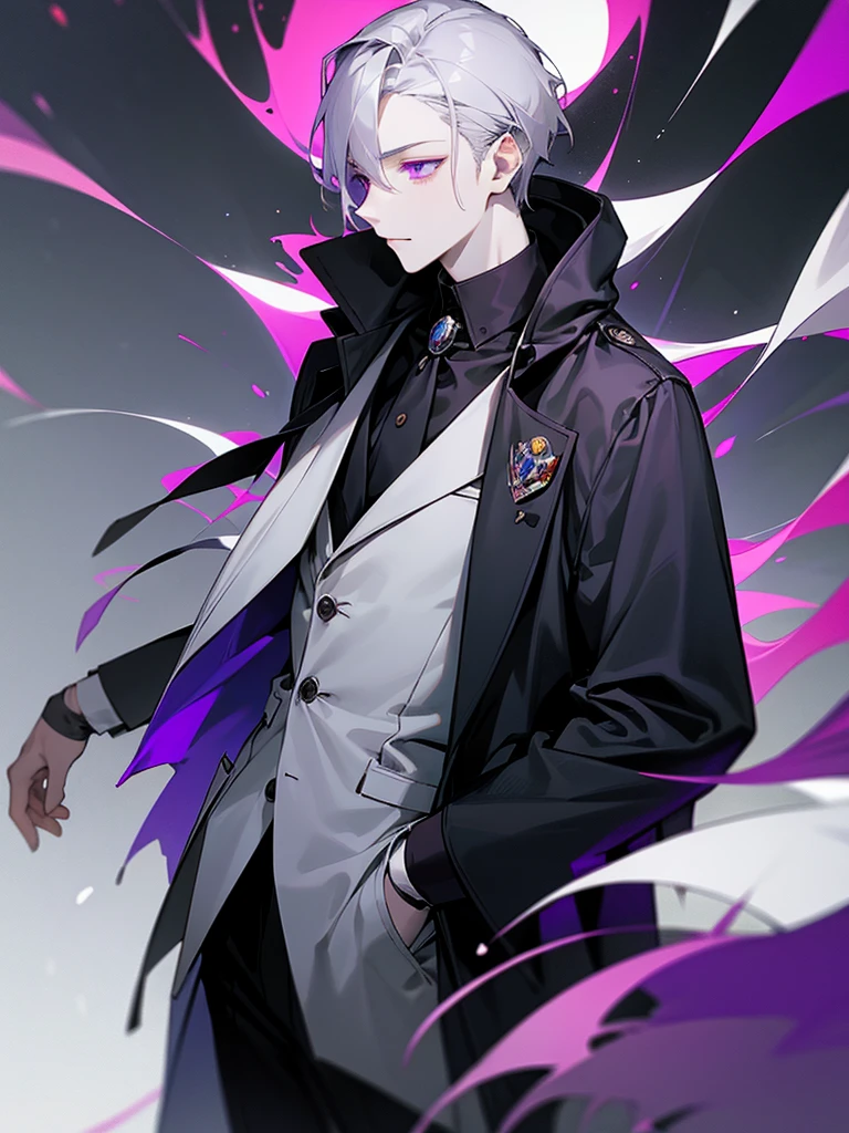 A young man with gray hair and purple eyes and pale skin, He is thin and wears a grey wool coat with a black jacket over it., a NASA brooch in this.