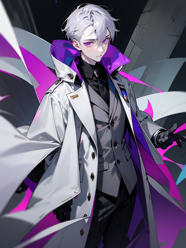 A young man with gray hair and purple eyes and pale skin, He is thin and wears a grey wool coat with a black jacket over it., a NASA brooch in this.