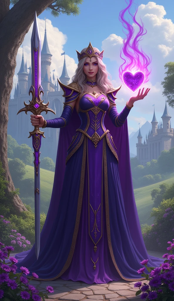 Imagine a majestic queen with purple eyes. It stands against the backdrop of a magnificent kingdom with a castle and towers., surrounded by green hills and blooming gardens. In one hand, the queen holds a sword with exquisite purple patterns., sparkling on the blade. And in her other hand she holds a heart., from which a purple flame emanates, symbolizing strength and courage.