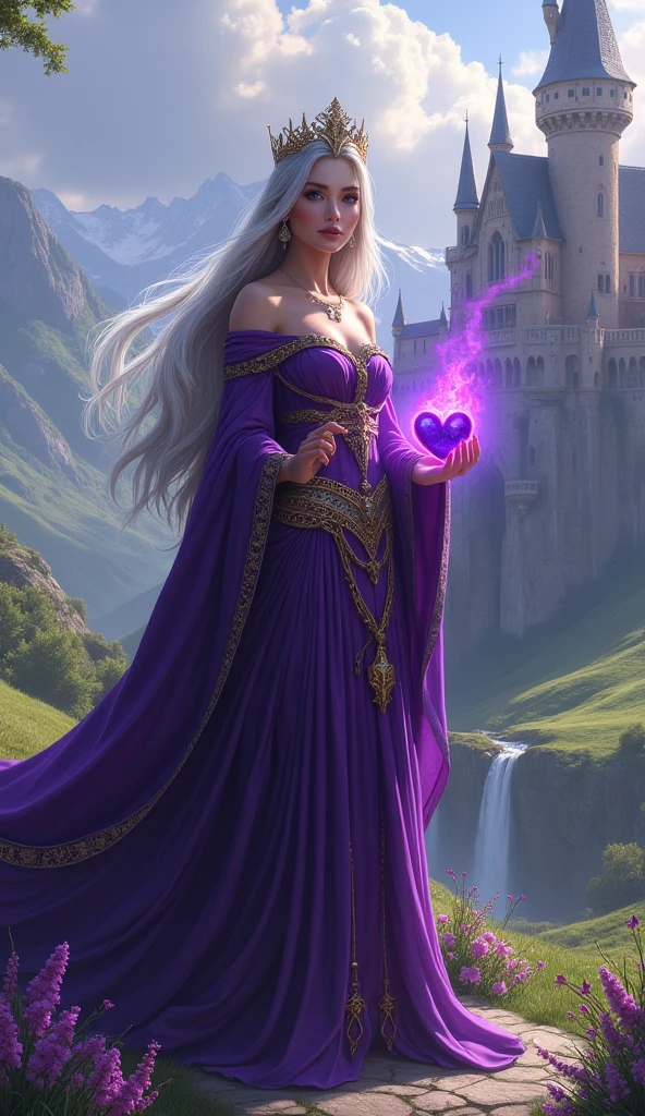 Imagine a majestic queen with purple eyes. It stands against the backdrop of a magnificent kingdom with a castle and towers., surrounded by green hills and blooming gardens. In one hand, the queen holds a sword with exquisite purple patterns., sparkling on the blade. And in her other hand she holds a heart., from which a purple flame emanates, symbolizing strength and courage.