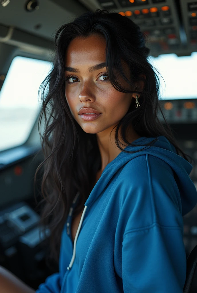 (photorealism: 1.2), hot brazilian sexy girl in sexy dynamic pose. raw portrait photography, hyper realistic and detailed face, complex and realistic skin texture, hot body, athletic body, smiling, long black hair, dressed with long sweatshirt bleu in the cockpit airbus