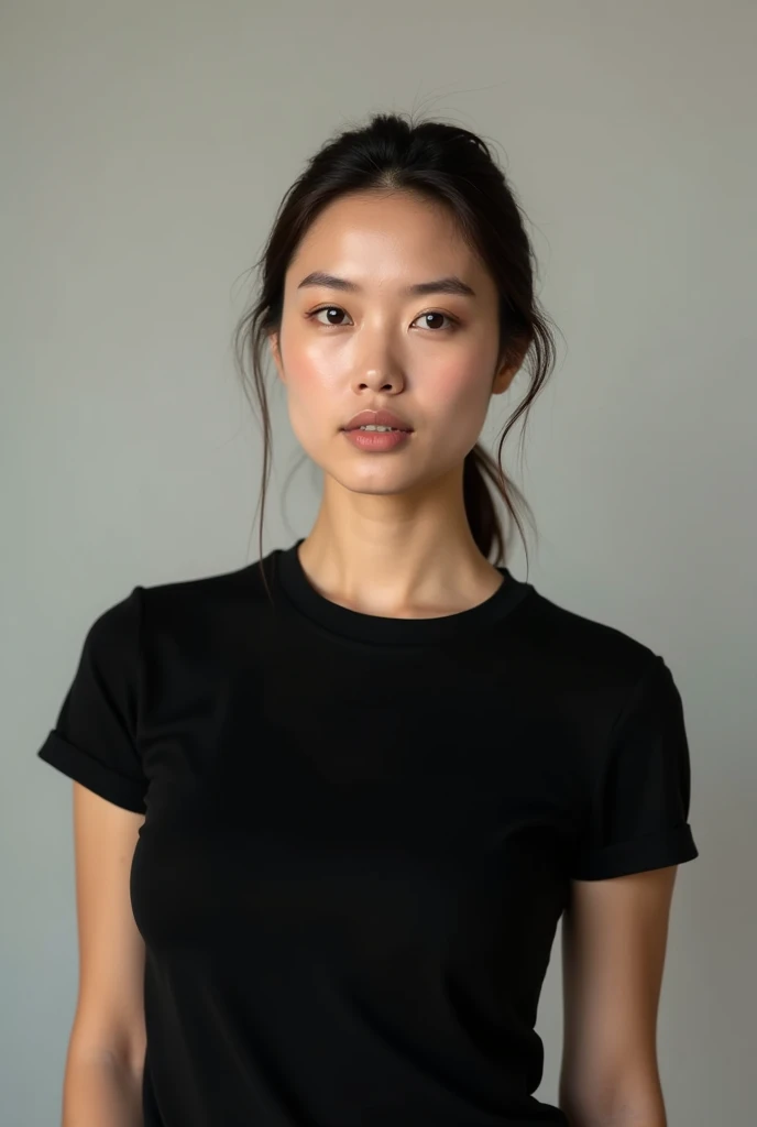 Woman from the front wearing a black t-shirt