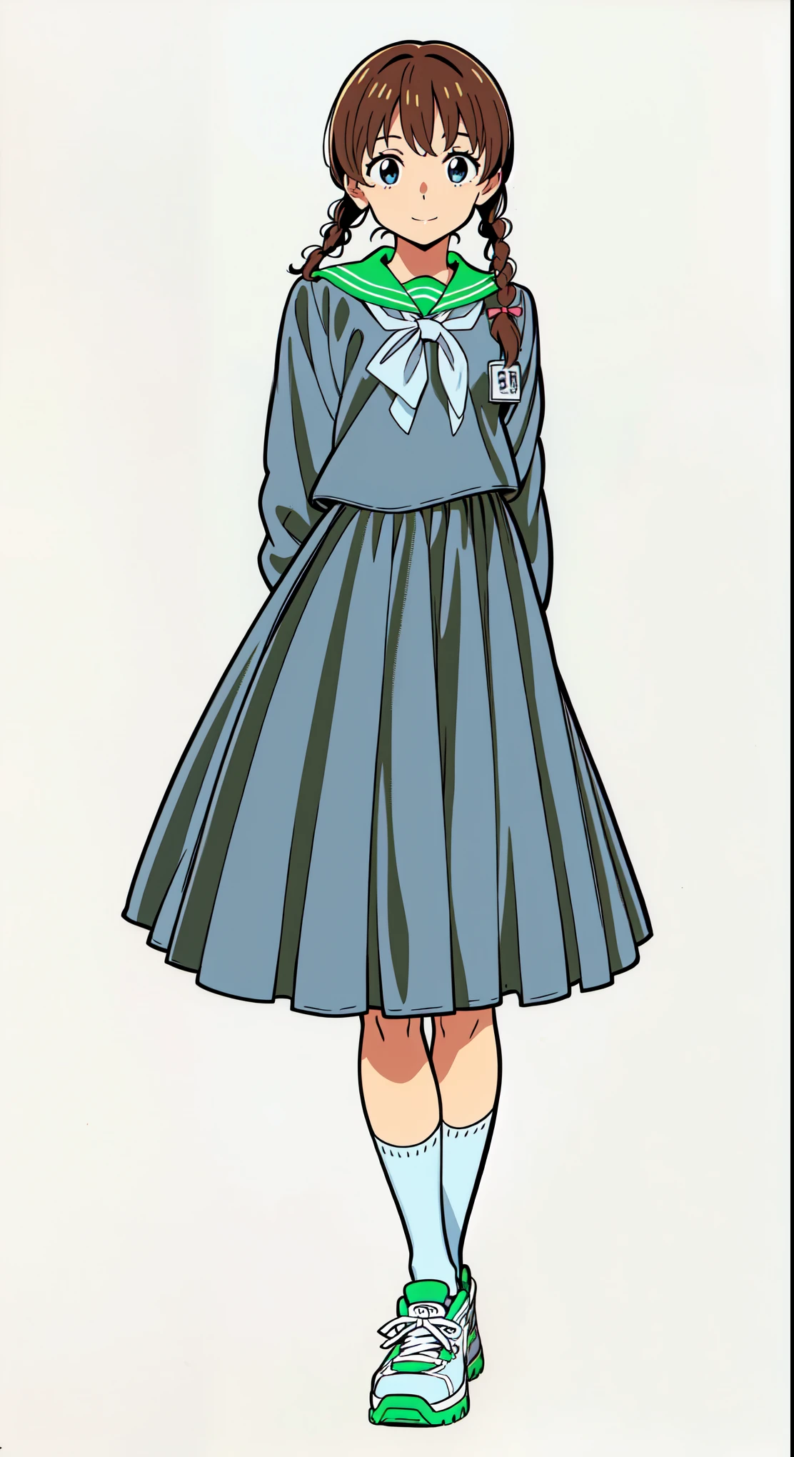 (white background:1.0), (best quality:1.0), (masterpiece:1.0), (super fine illustration:1.0), (beautiful artwork:1.0), (anime screencap:1.0), (official art:1.0), (full body:1.0), (solo:1.0), (a cute girl:1.0), (long skirt:1.0), (dark blue skirt:1.0), (pleated skirt:1.0), (dark blue sailor uniform:1.0), (long sleeve sailor uniform:1.0), (name tag:1.0), (sneakers:1.0), (white socks:1.0), (ideal ratio body proportions:1.0), (lanky:1.0), (tall:1.0), (slender:1.0), (small breasts:1.0), (smaller face:1.0), (tareme:1.5), (smile:1.0), (cheerful:1.0), (detailed beautiful eyes:1.0), (detailed beautiful face:1.0), (glowing black eyes:1.0), (short hair:1.0), (swept bangs:1.0), (twin braids:1.0), (black hair:1.0), (standing:1.0), (looking at viewer:1.0)