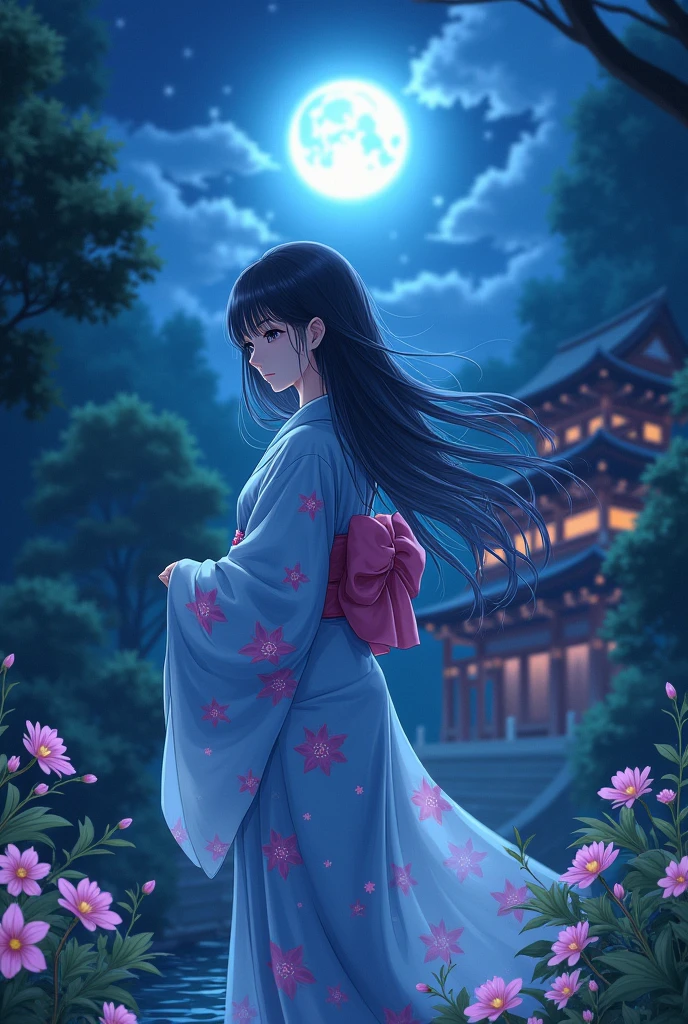 long black hair anime woman in a light blue yukata with Pink flowers, standing on a forest in the night with a blue moon in the sky and japanese Temple with lights up in the background