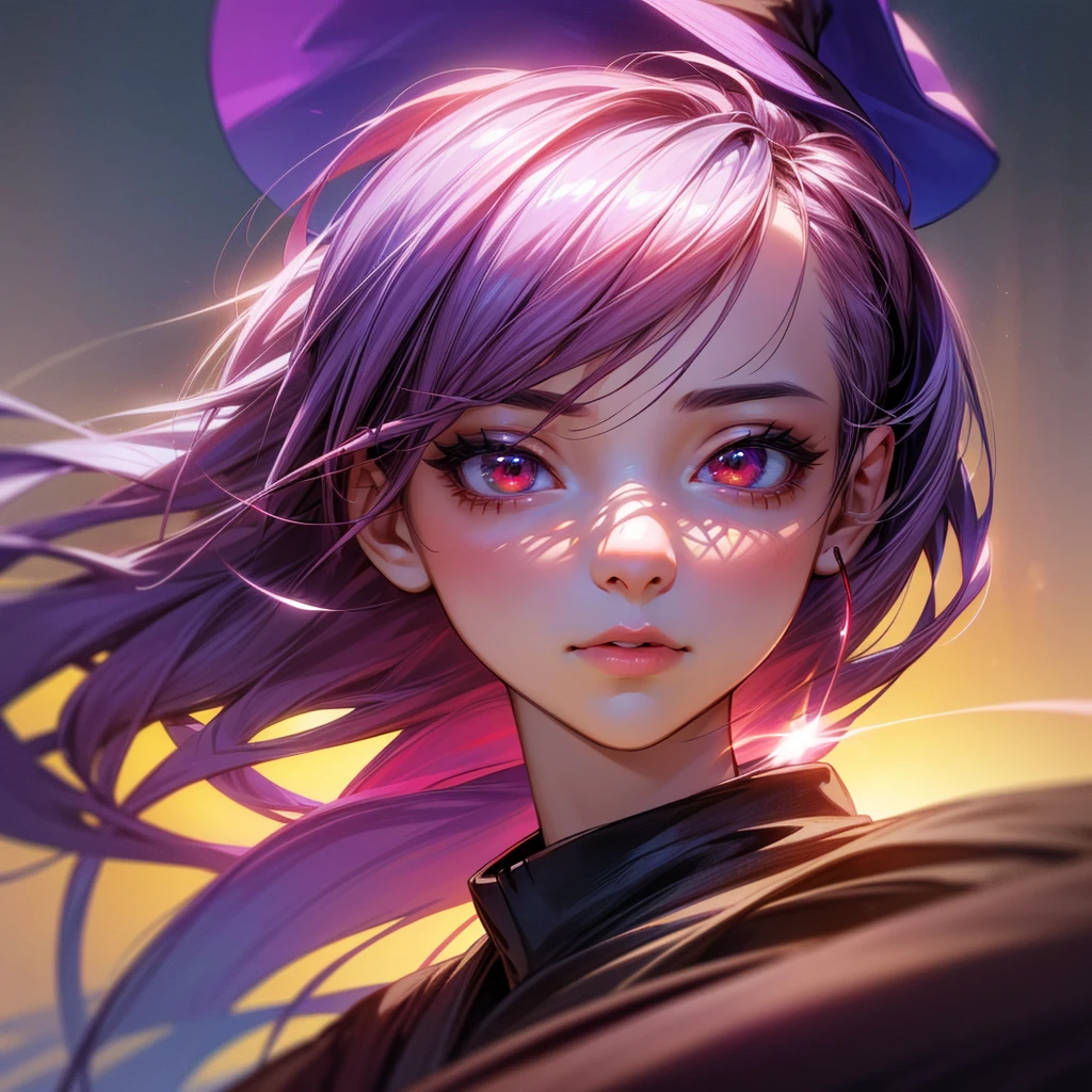 beautiful girl with long purple hair, witch hat, school uniform, long wand, boots, red bow, red eyes, about to release magic, hair tied to one side, detailed eyes, detailed lips, extremely detailed face, longeyelashes, fantasy, magical girl, cinematic lighting, vibrant colors, (best quality,4k,8k,highres,masterpiece:1.2),ultra-detailed,(realistic,photorealistic,photo-realistic:1.37),portrait