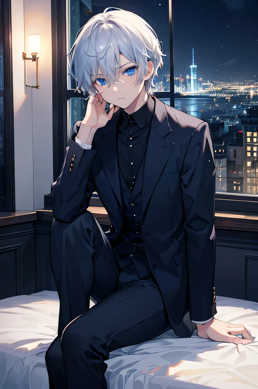 (masterpiece), Best Quality, Handsome boy, blue eyes, by white, expressive eyes, sitting on the bed in a room, night sky, city landscape, looking at the viewer, city Lights, window, Stand out, dramatic lights, calm face,