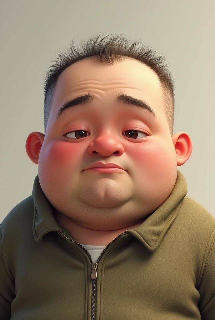 A slightly fat person with a big chin and a square head with little hair and very tender