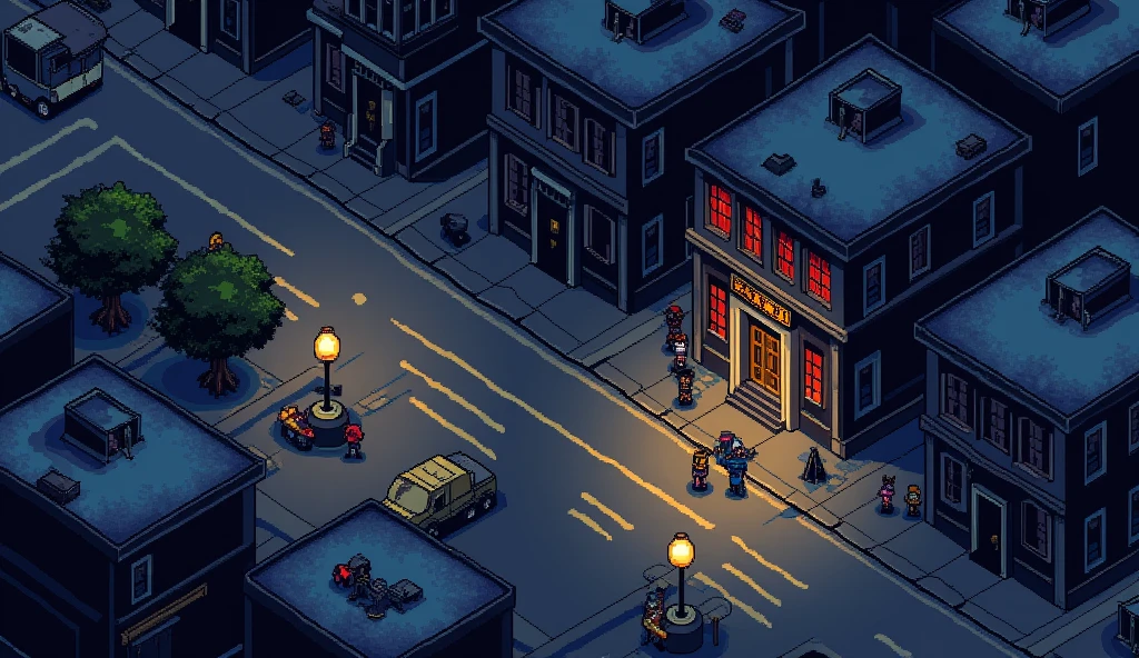 16-bit pixel art scene using dot graphics, night, city street map, styled like a retro RPG game