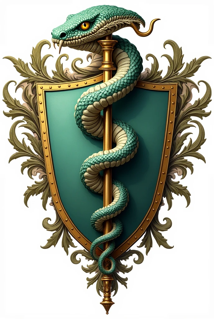 Create a Heraldic Coat of Arms PNG Logo (
medicine, Asclepius rod (can't have wings)
Aggressive Snake Shades of Green (predominantly) and gold with white and black details Professional drawing style with a touch of realism Branches and details around the coat of arms Branches inside the coat of arms overcolored with shadows With strip for 3D text More detailed