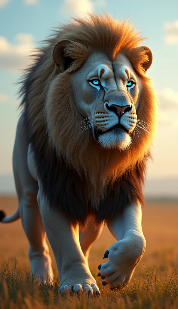 Generate an ultra realistic 8k image of a big strong blue-eyed lion  