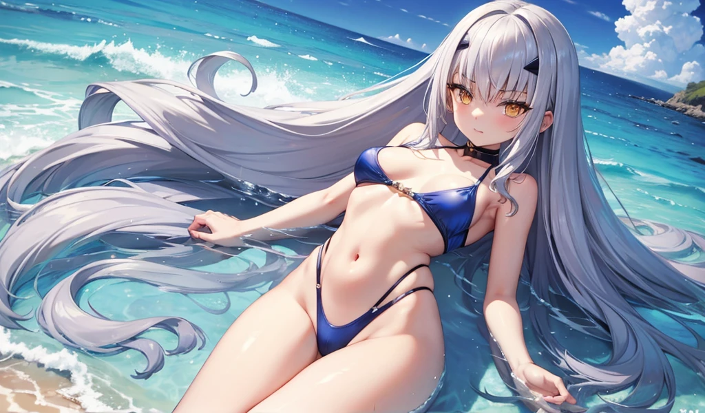 silver hair, Golden Eyes, flat chest，slim figure，Blue swimsuit，Bare waist，thigh，Sunlight，Ocean