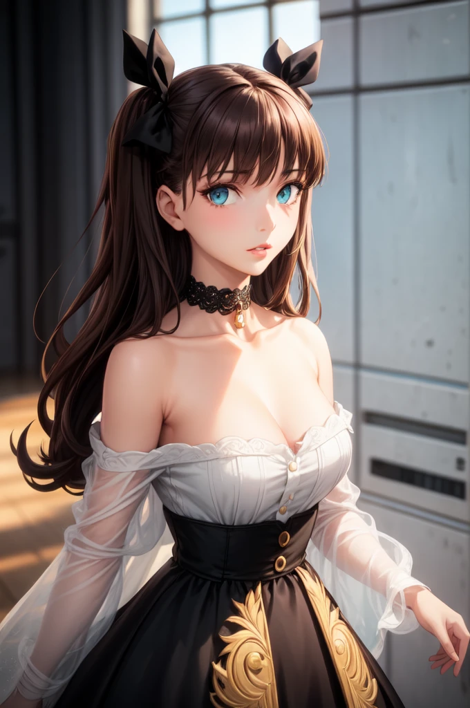 (masterpiece:1.2), (best quality:1.2), newest, intricate details, perfect anatomy, detailed skin, detailed eyes, detailed lips, perfect hands, perfect face, highly aesthetic, High resolution, 1girl, woman, blonde hair, pale green eyes, 1girl, solo, long hair, blonde hair, breasts, looking at viewer, black dress, bangs, dress, black dress, off shoulder, brown lights, black choker, lips, black eyeliner, black eyelahses, ,TohsakaRin, brown hair, two side up, parted bangs, blue eyes, hair ribbon, brown hair, full body