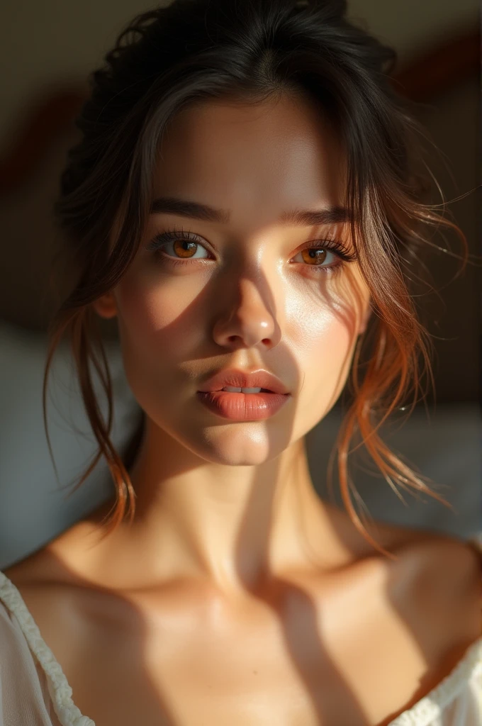 Woman, 25 ans, beautiful bedroom, showing skin, soft symmetric facial features, close up portrait, young, shot on sony a1, 85mm F/1. 4 ISO 100, medium format, 45 megapixel, flash lighting, natural sun lighting, 8k, photorealistic, photography