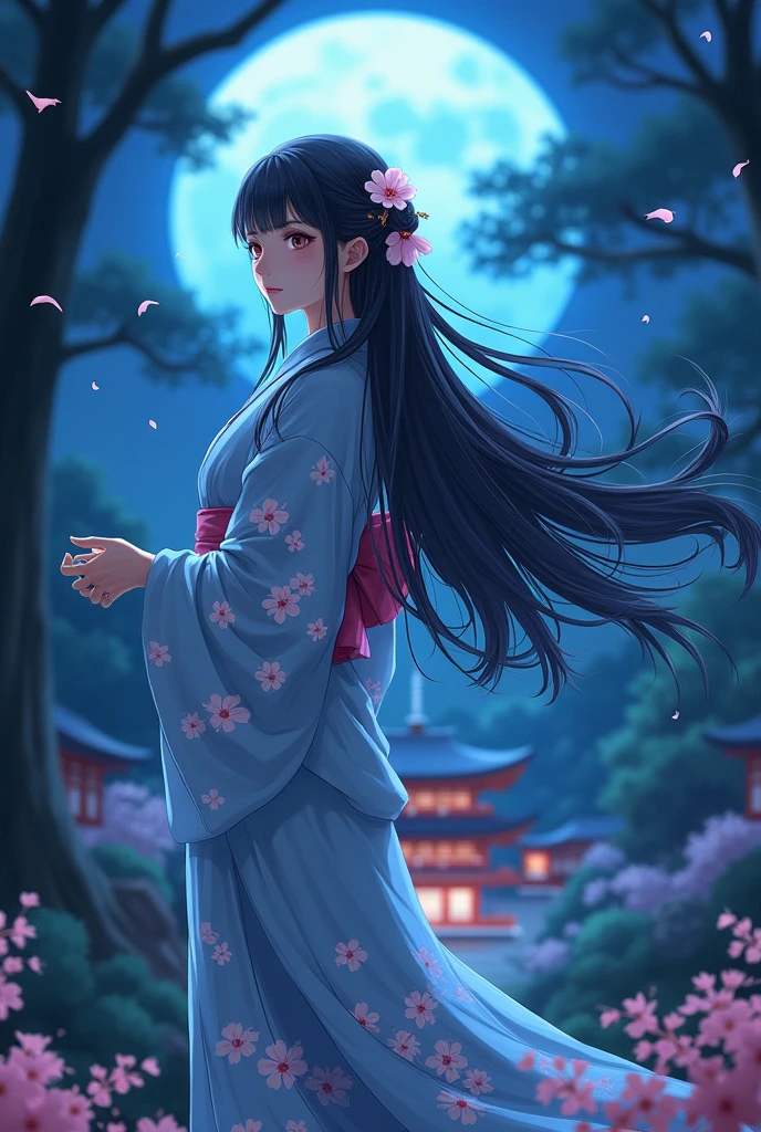 long black hair anime woman in a light blue yukata with Pink flowers, standing on a forest in the night with a blue moon in the sky and japanese Temple with lights up in the background