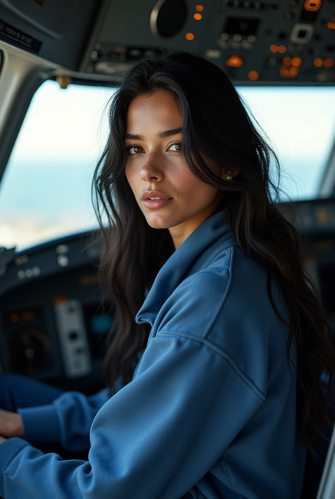 (photorealism: 1.2), hot brazilian sexy girl in sexy dynamic pose. raw portrait photography, hyper realistic and detailed face, complex and realistic skin texture, hot body, athletic body, smiling, long black hair, dressed with long sweatshirt bleu in the cockpit airbus