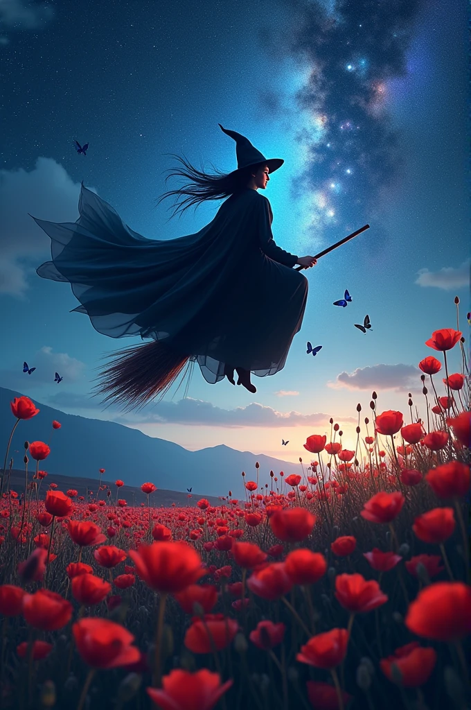 A witch flying with a broom over a field of red poppies with blue butterflies around her, and a starry sky where you can see the galaxies