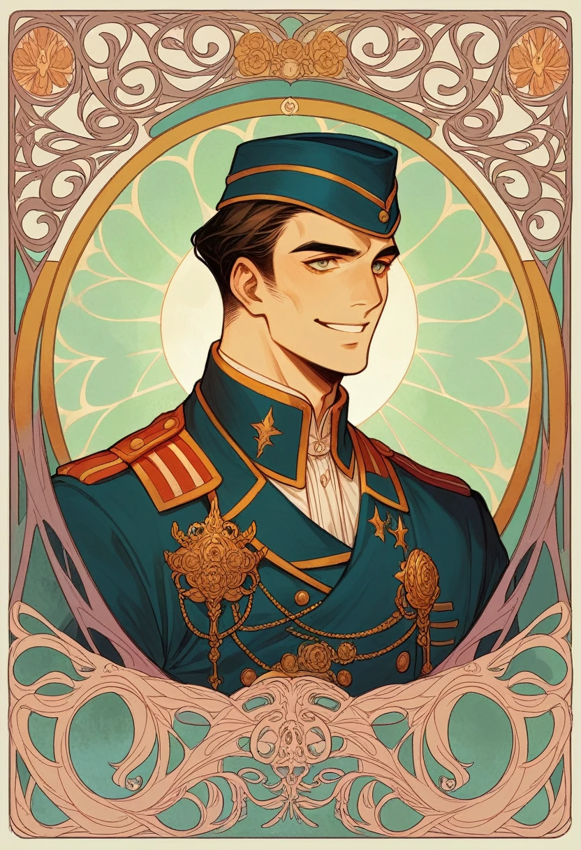 Oscar Isaac, Handsome, middle-aged, smile, Custodian-Garrison Hat, Nouveau Uniform, closer distance face, Avant-garde vision, hd, high quality, masterpiece, best quality, 8k resolution