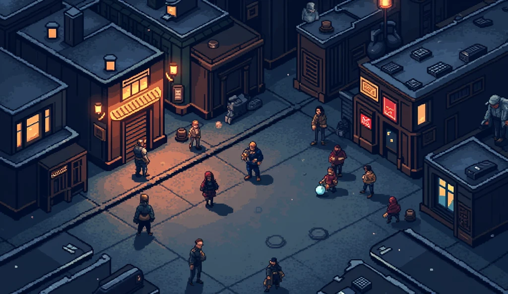 32-bit pixel art scene using dot graphics, night, city street map, styled like a retro RPG game