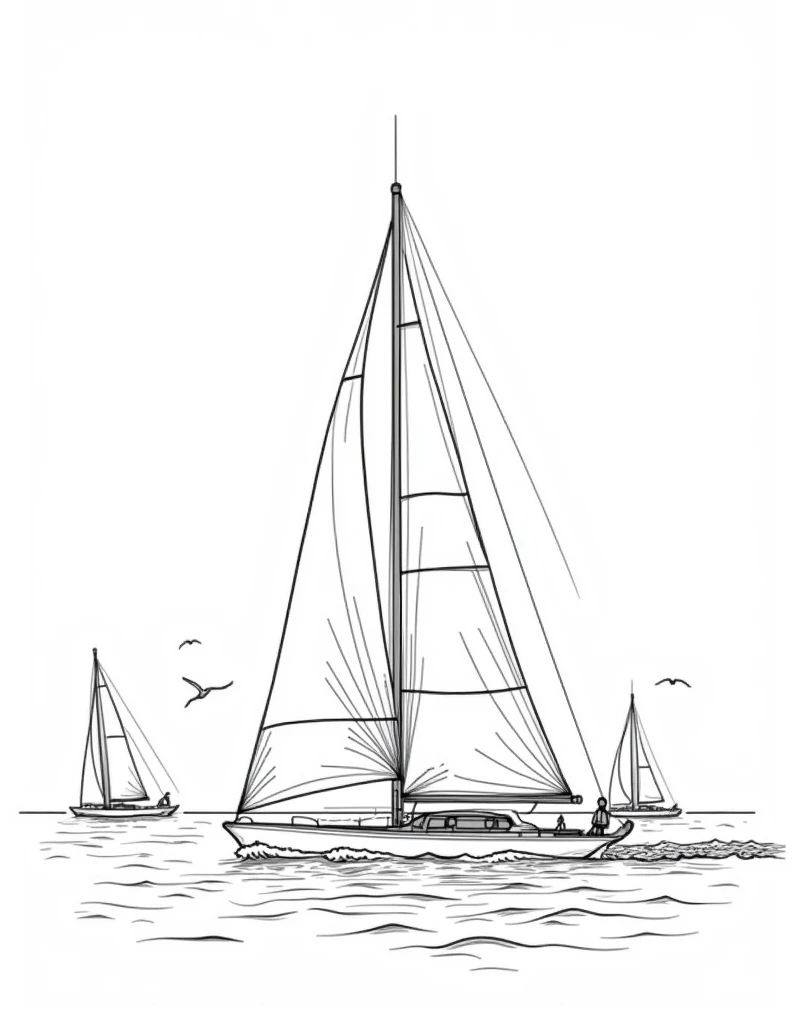 A detailed line drawing of a sleek regatta sailboat in motion. The boat cuts through the ocean, with its sails fully extended and catching the wind. The scene is dynamic, showing the speed of the boat as it races across the water. The water is depicted with sharp, flowing lines, with splashes and waves indicated by minimalist strokes. Other boats can be seen in the background, their sails angled in competition. Above, a few seagulls are outlined against the sky. The overall style is clean and sharp, composed entirely of black lines on a white background, with no additional colors. more details