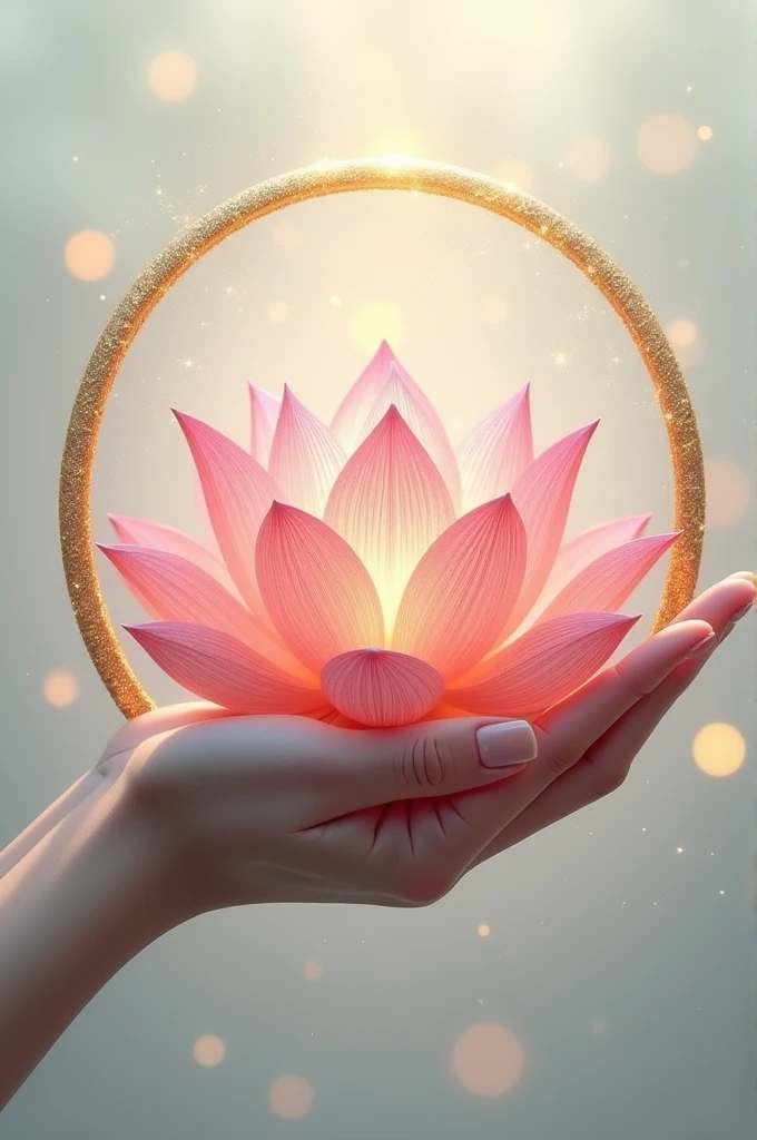 Un logo très détaillé hyper réaliste d'une main tenant une belle fleur de lotus revisité améliorée encore jamais vue, des étincelles et des lueurs doré  dans un cercle double parois 
Fond clair et couleur pastel avec brume legere