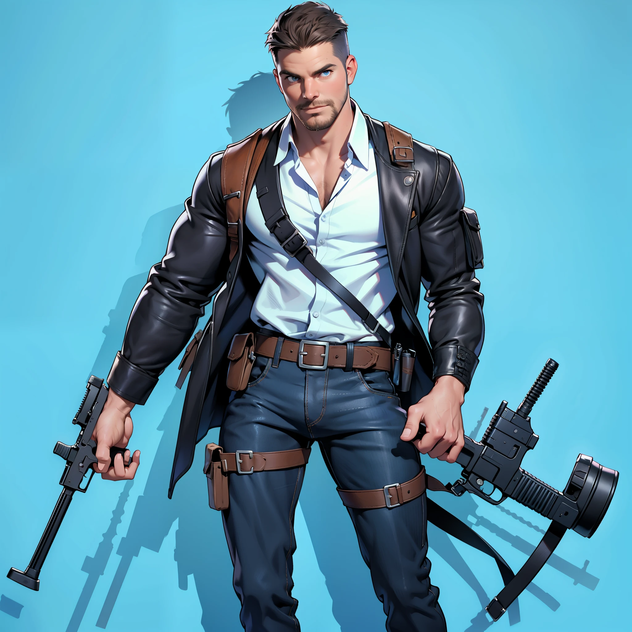 1 man, male focus solo, middle aged man,Stephen AMELL, tall, lean muscle, light blue shirt, brown leather shoulder holster, faded black trouser, full body shot, black short hair, facial hair, holding a pistol with two hands, (pistol:1.2), ultra high quality, masterpiece, low camera angle, intense splashed blue and white paint in the blackground