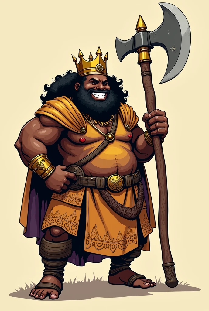 create a manga-type illustration without a background create one of 07 chubby black skin and black hair with a golden crown and holding a double-edged medieval-style ax and with a brown African-style outfit with cheerful gold