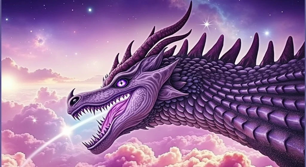 (A dragon emerging trough galaxy) Dragon of light, purple eyes, White-grey coloured dragon, little bit of purple-violet, beautiful, ultra realistic, absurd quality, perfect detailed, perfect colour, 8k quality, dynamic, sharped image.