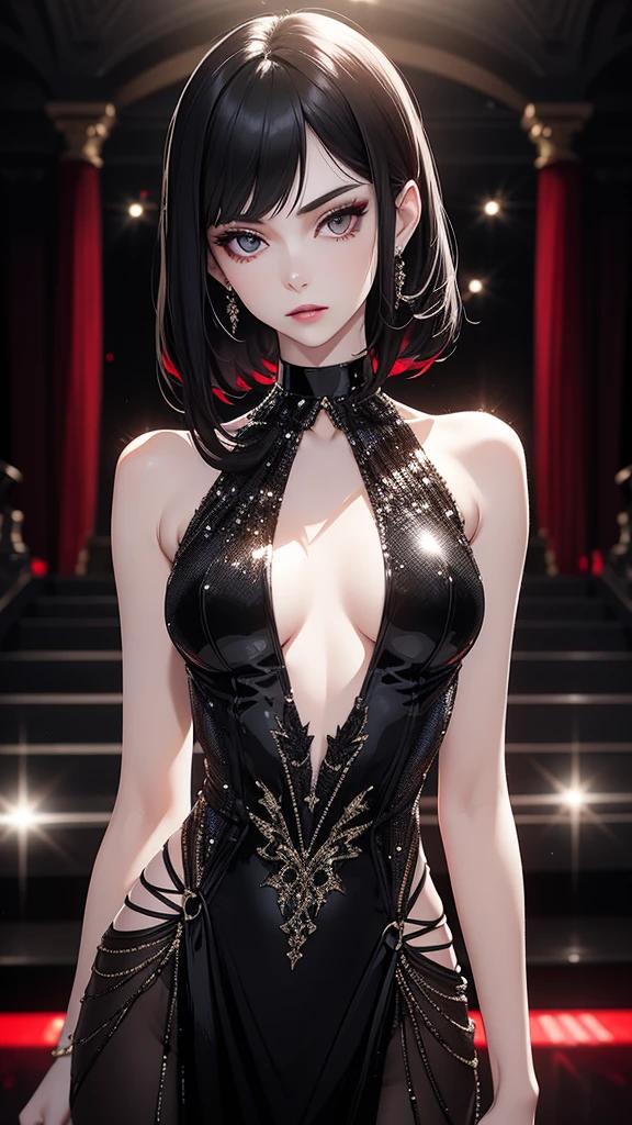 Pale skin, Beautiful slim fit girl, cool, stunning beauty, smug expression, glamerous, sexy, sleeveless sequin figure skating costume, intricate, highly detailed, choker, red-black, stylish black hair, jewelry, diamonds,looking at camera, closeup,