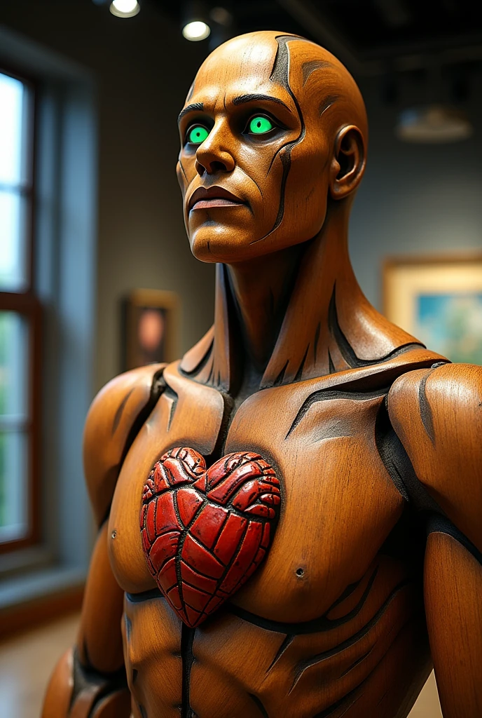 Intricate details insanely artwork Wooden painted man, 3D effect ultra-detailed intricate insanely Heart, museum room, green glass eyes, Carved in wood, painted with bright colors., indie film screencap, dramatic angle, , found footage, (steampunk), (cyberpunk aesthetic), (retrofuturism, atompunk), heroic proportions, window behind,