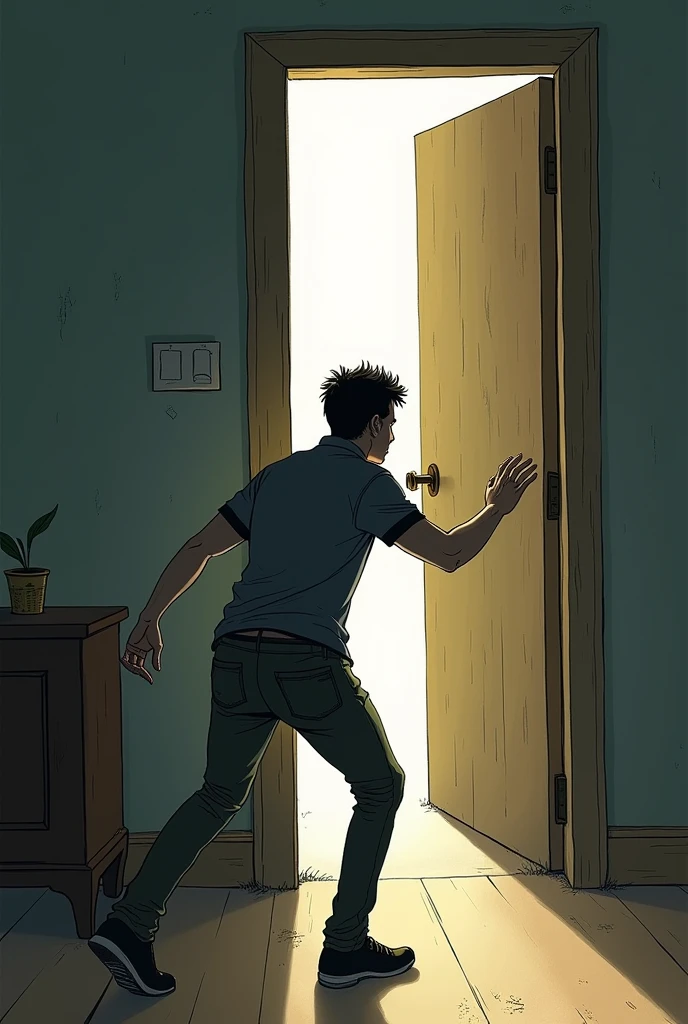 a person cautiously opening a door for easy drawing