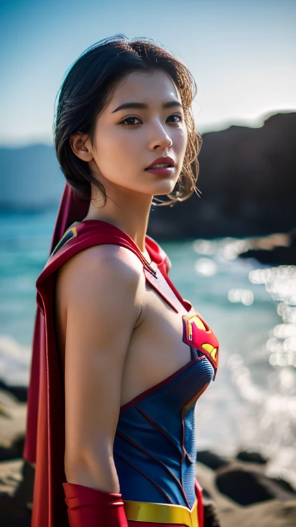 A woman with ((red cape)), Realistic, Photorealistic, 8K, Masterpiece, Best Quality, High Definition, Live Action, RAW Photo, Single Woman, Beautiful Body,Cleavage, Sexy, red Competitive Swimsuit and panties, on top of the building, superhero pose, ((night time))