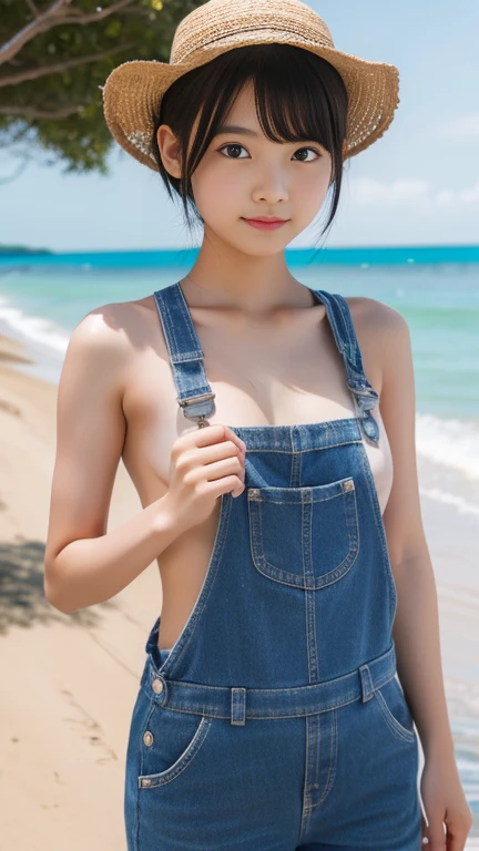 UHigh resolution, retina, masterpiece, Accurate, Anatomically correct, Textured skin, Super Detail, Attention to detail, high quality, Awards, 最high quality, High resolution, 1080p, High resolution, 4K, 8k, 16k、blue sea、Wide sky、deep sandy beach、Cute Girls、(((Denim overalls:1.2)))、Sunburn mark、Lay a sheet on the beach、Rest in seat、Prominent Pussy Lines:1.2、In the heat, Place your fingertips between your legs:1.5,(((((Very young and small breasts)))))、(beautiful pussy lines:1.9)、(((topless:1.2),