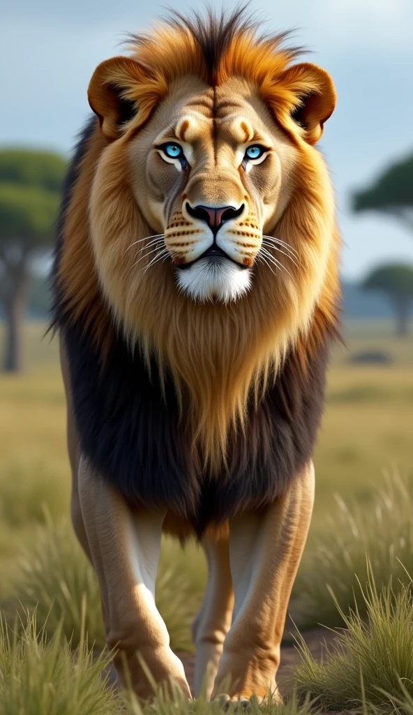 Generate an ultra realistic 8k image of a strong and large blue-eyed lion