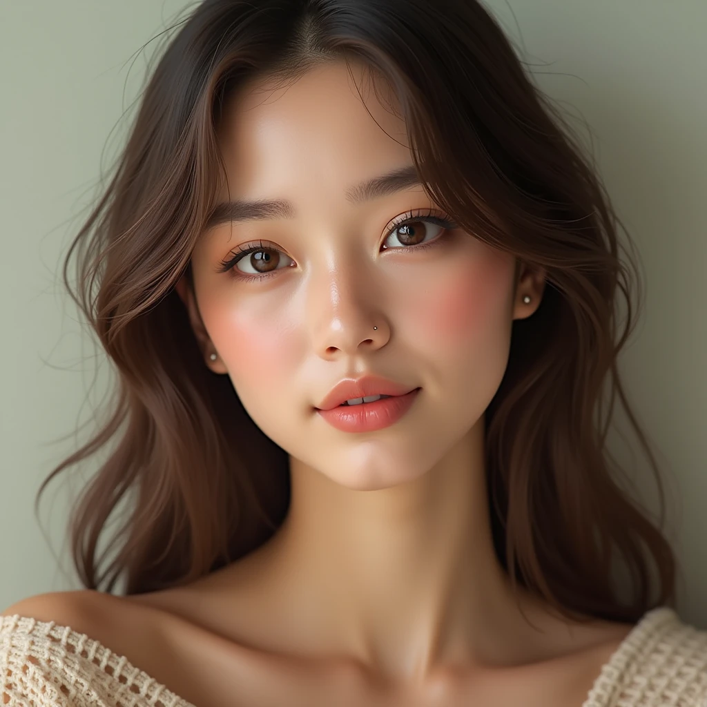 "Create a hyperrealistic portrait of a female model with delicate features. The model has an oval-shaped face with a smooth, porcelain-like complexion.. His eyes are big, almond-shaped and a soft light brown color, framed by long dark eyelashes. She has finely arched eyebrows that complement the delicate structure of her face.. His nose is small and elegant, and her lips are full with a soft natural pink tone. Her hair is long, wavy and brown in color, falling gently on his shoulders. The expression on her face is serene and graceful., with a slight hint of a smile. The background should be a soft pastel color and out of focus to keep the focus on your delicate features.. The lighting is soft and even, highlighting the subtle contours of your face, giving the image a warm and cozy feel."