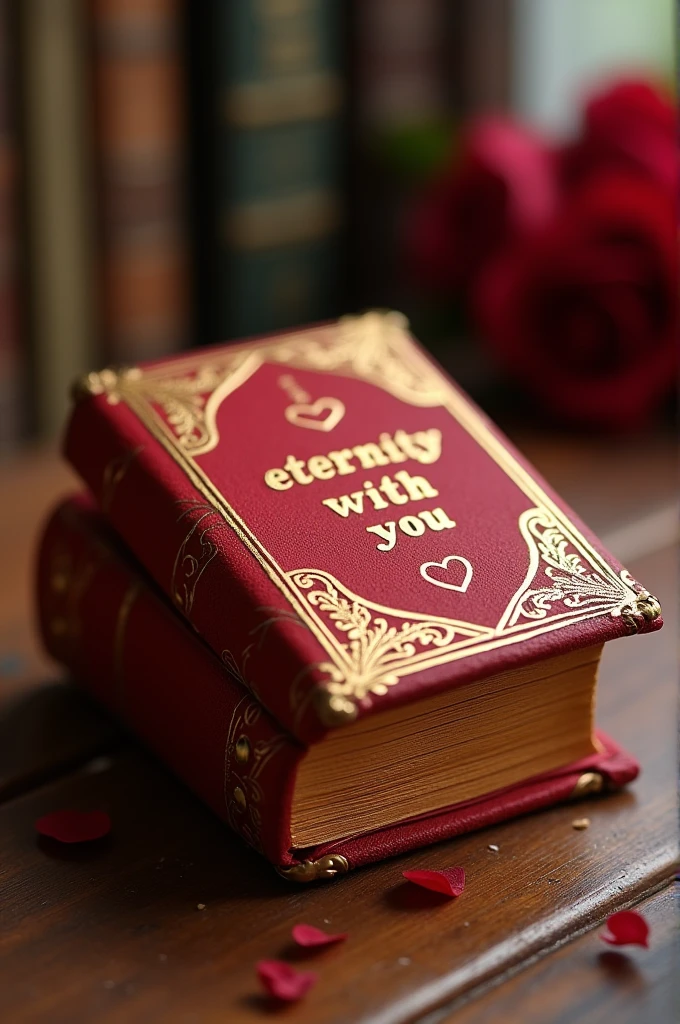 Small box in the shape of an old-fashioned romance book, red and gold colored. that the title of the book is "eternity with you"

