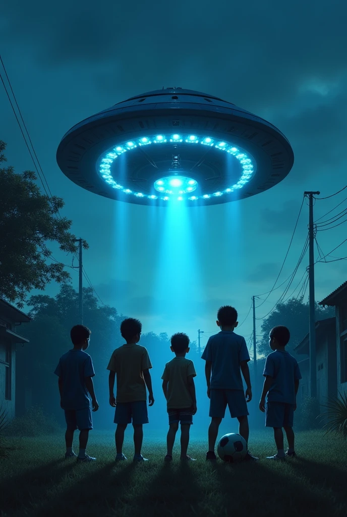 Group of six  of humble origins with ages between eight, Ten and lve yearuela, Guarico state, one night while playing soccer, they saw a round, oval, navy blue UFO appear with lights that revolved around it. Inside the saucer, two Nordic extraterrestrials, a woman and a man, with blue suits glued to their bodies. 