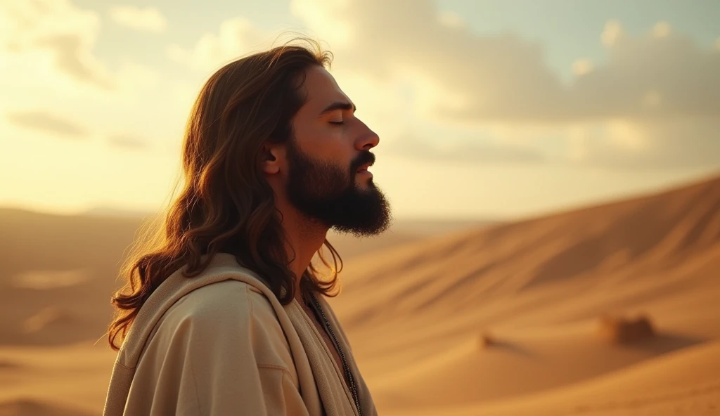 High definition image of the face of Jesus Christ, praying in the middle of the desert, isolated.