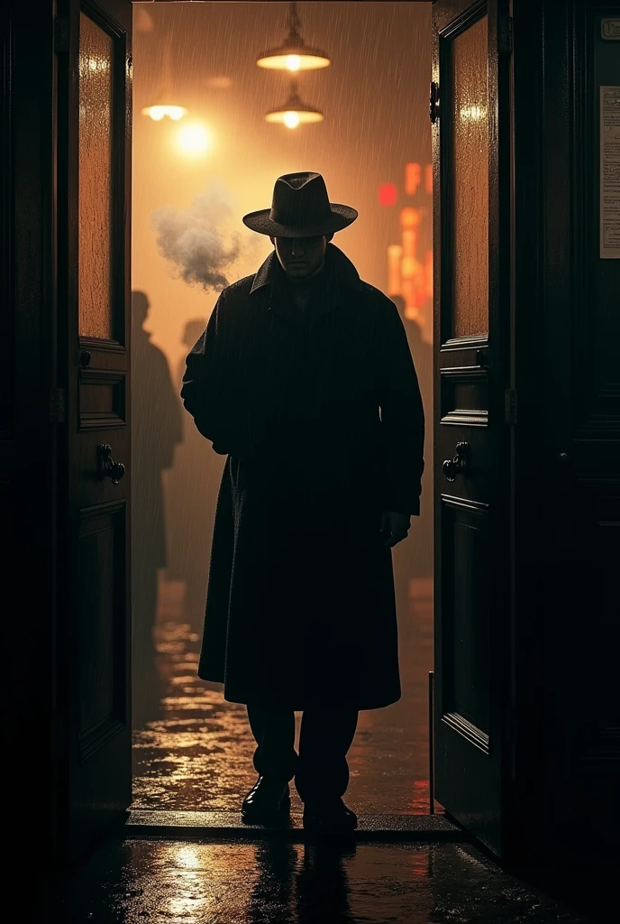 Mysterious man in raincoat smoking at the door of a bar seen from inside the bar