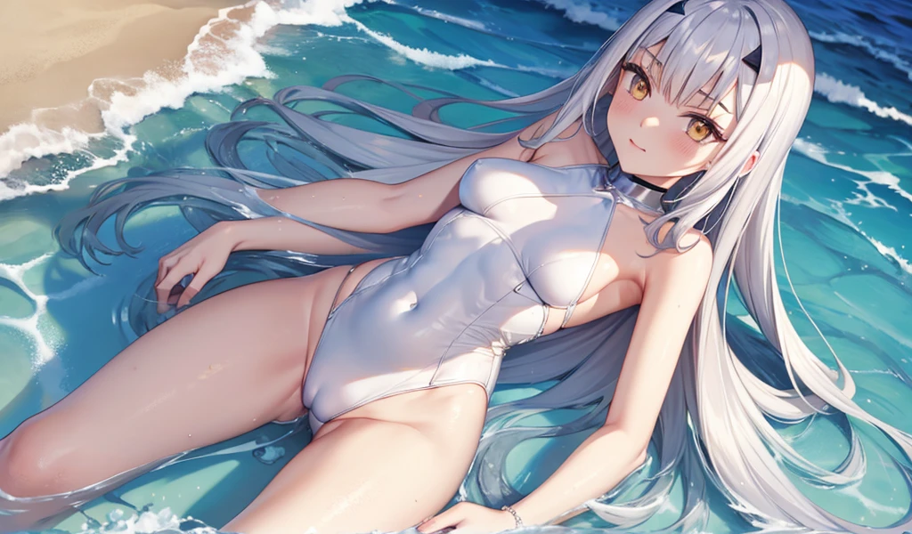 silver hair, Golden Eyes, flat chest，slim figure，white one piece swimsuit，Bare waist，thigh，Sunlight，Ocean