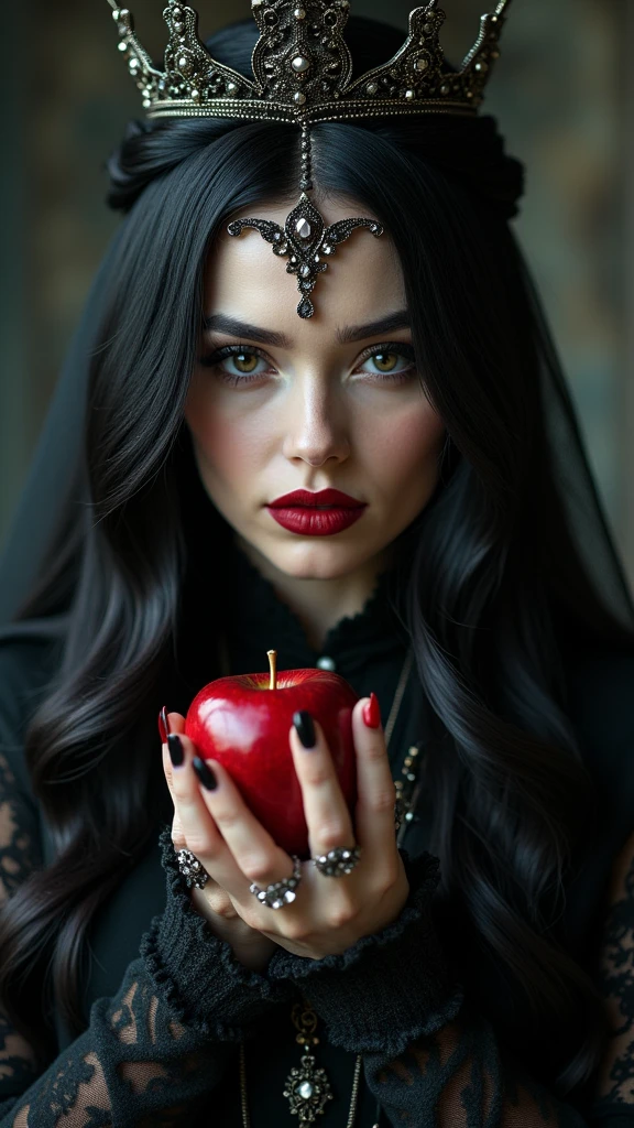 fille,cheveux longs noirs，reine noire，Accessoires，Pomme à la main，pommes empoisonnées，Reine Sorcière，rouge à lèvres, superposition,portrait femme brune